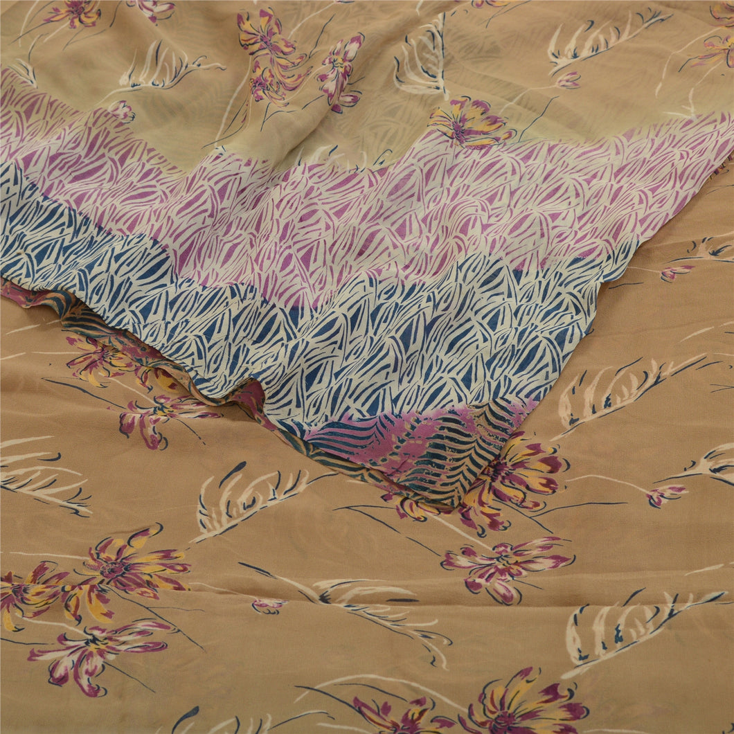 Sanskriti Vintage Sarees Brown Pure Georgette Silk Printed Sari 5yd Craft Fabric