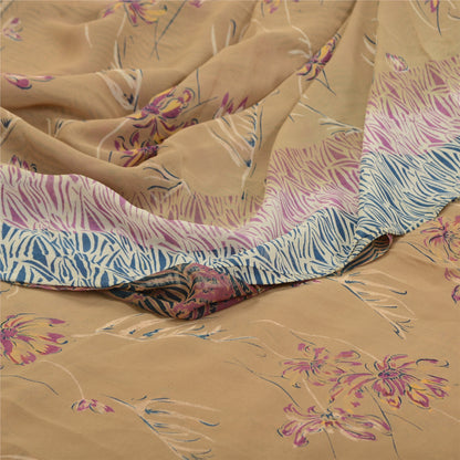 Сари из санскритского винтажного коричневого чистого шелка-жоржета с принтом 5 ярдов ткань для рукоделия из экологически чистой ткани