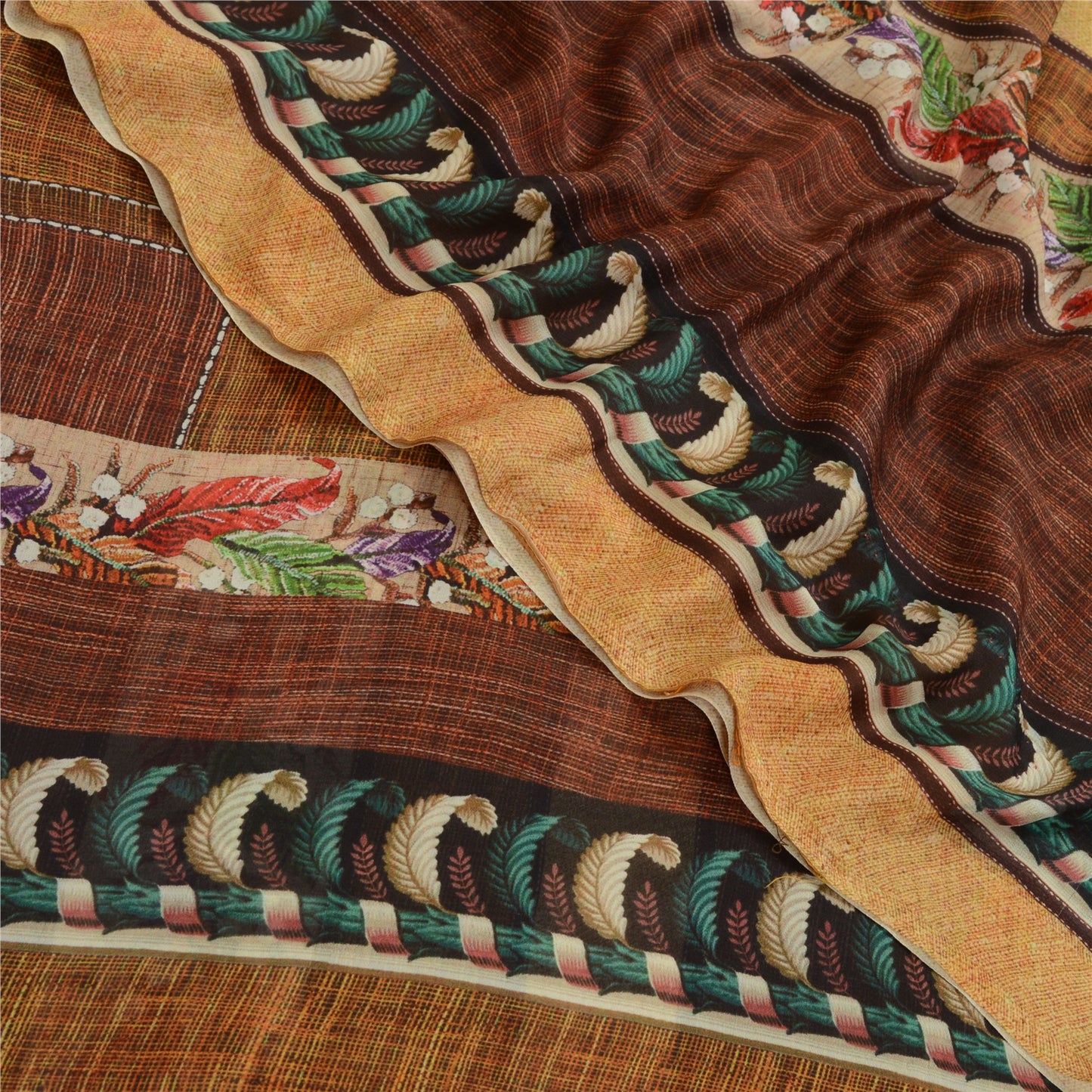 Sanskriti Vintage Sarees From India Brown Georgette Sari Printed Craft Sustainable Fabric