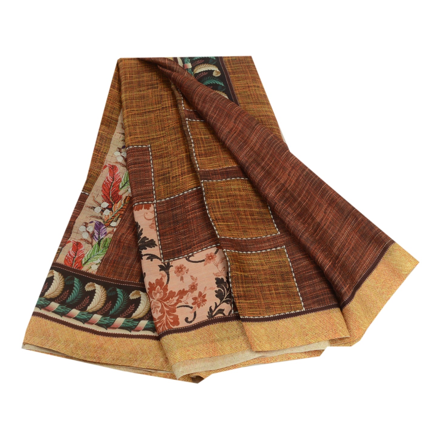 Sanskriti Vintage Sarees From India Brown Georgette Sari Printed Craft Sustainable Fabric
