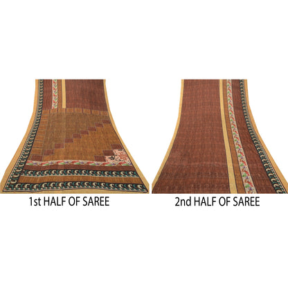 Sanskriti Vintage Sarees From India Brown Georgette Sari Printed Craft Sustainable Fabric