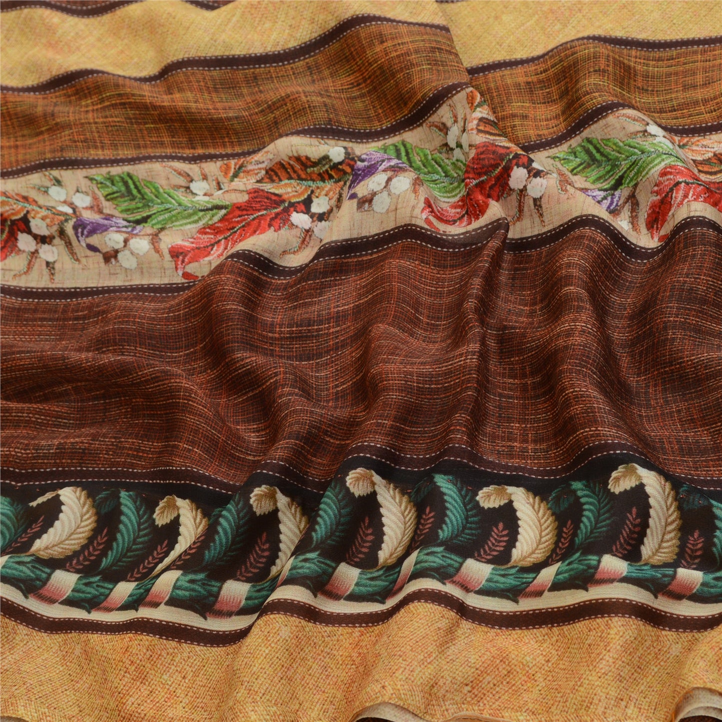 Sanskriti Vintage Sarees From India Brown Georgette Sari Printed Craft Sustainable Fabric