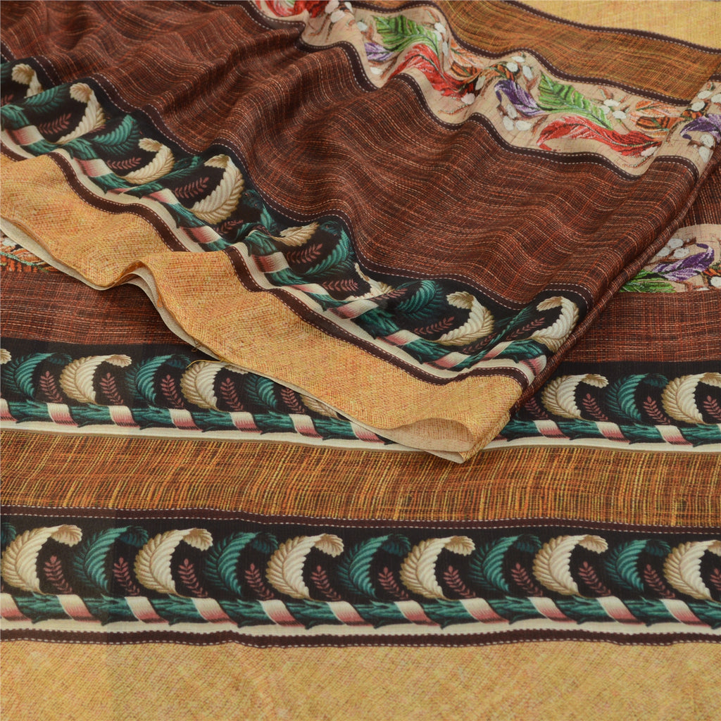 Sanskriti Vintage Sarees From India Brown Georgette Sari Printed Craft Sustainable Fabric