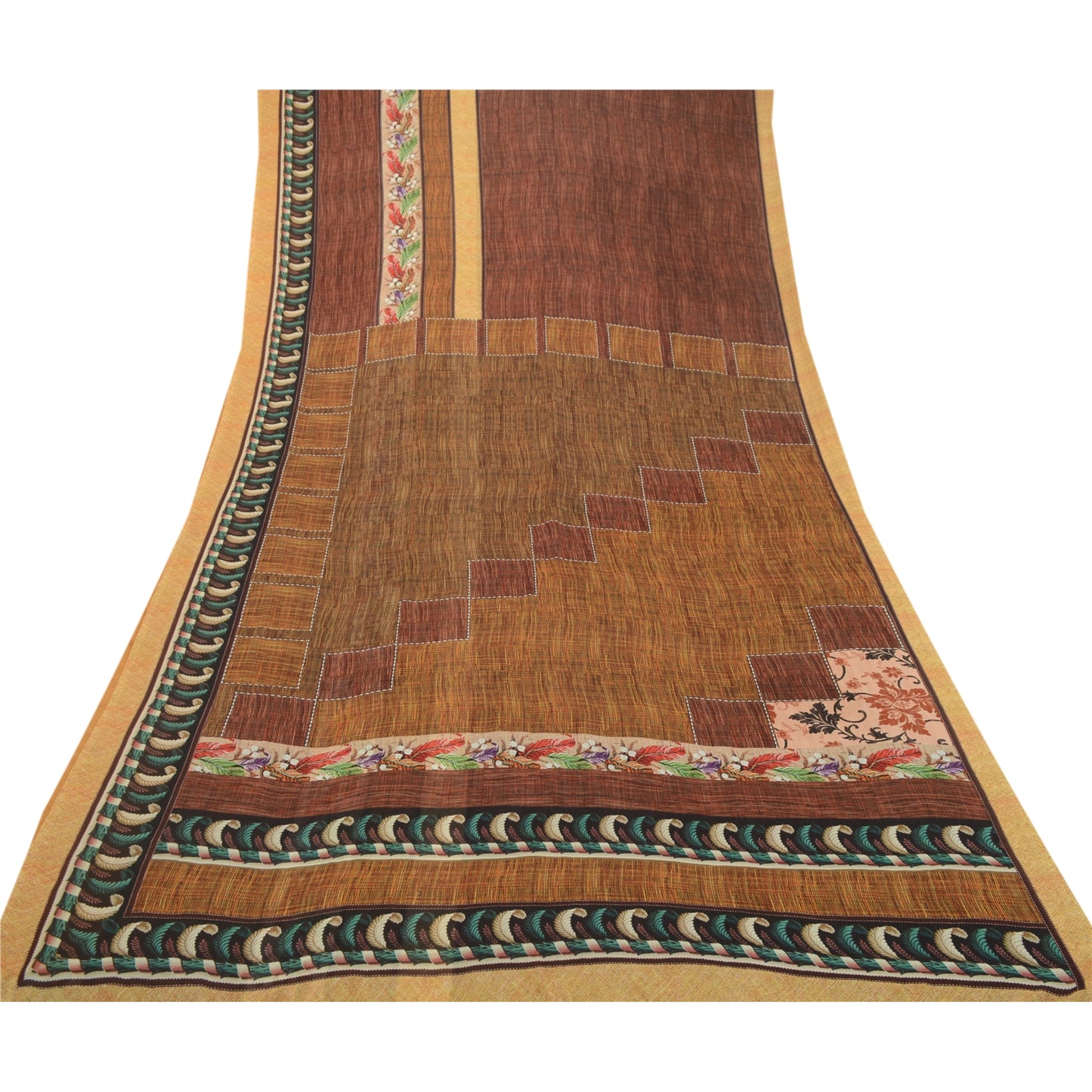 Sanskriti Vintage Sarees From India Brown Georgette Sari Printed Craft Sustainable Fabric