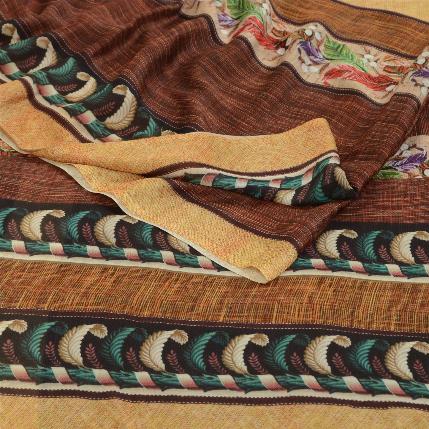 Sanskriti Vintage Sarees From India Brown Georgette Sari Printed Craft Sustainable Fabric