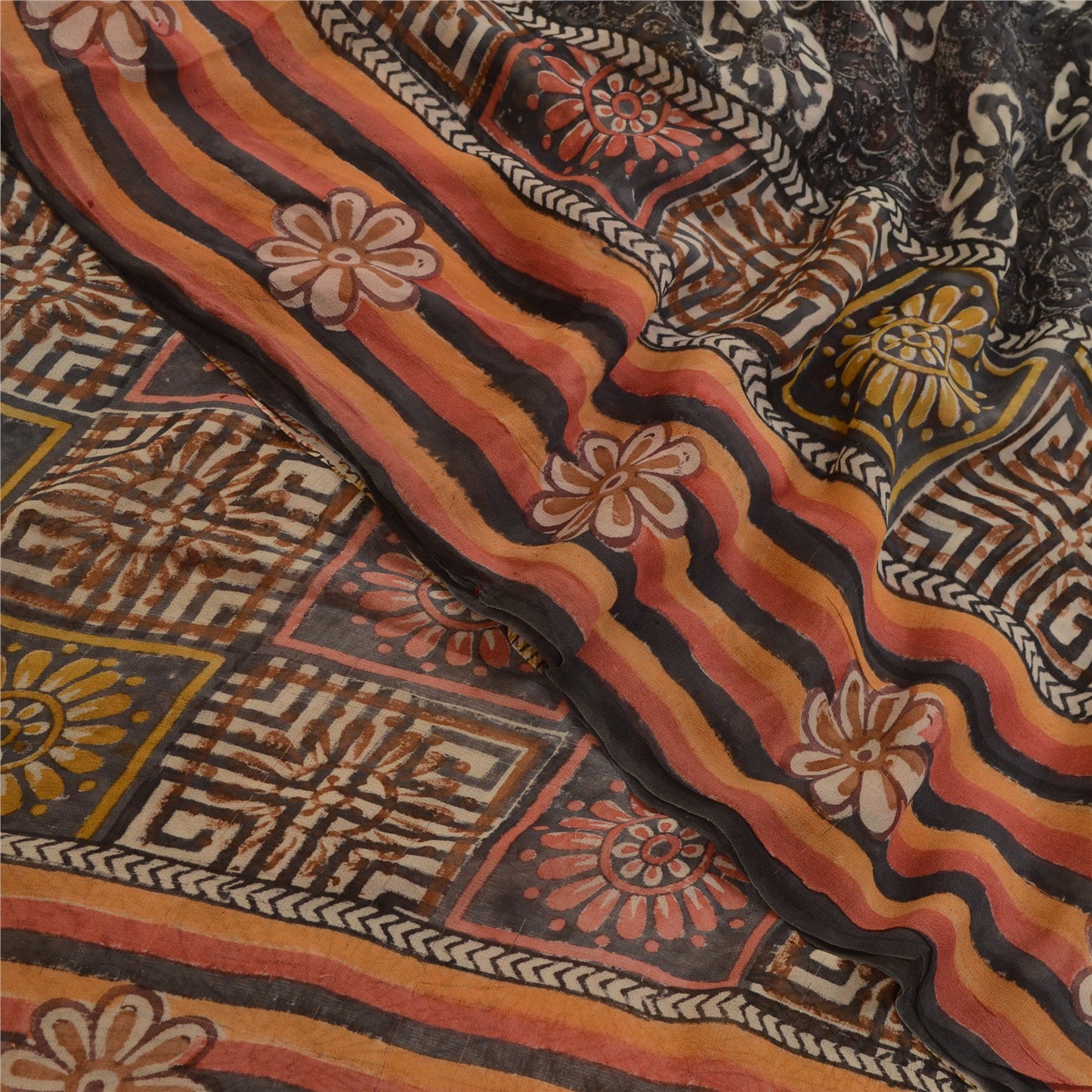 Sanskriti Vintage Sarees Brown Pure Georgette Silk Printed Sari 5yd Craft Sustainable Fabric