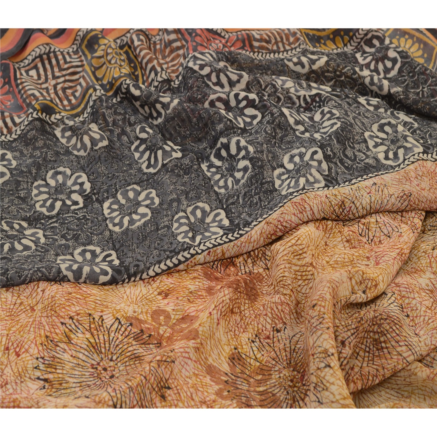 Sanskriti Vintage Sarees Brown Pure Georgette Silk Printed Sari 5yd Craft Sustainable Fabric