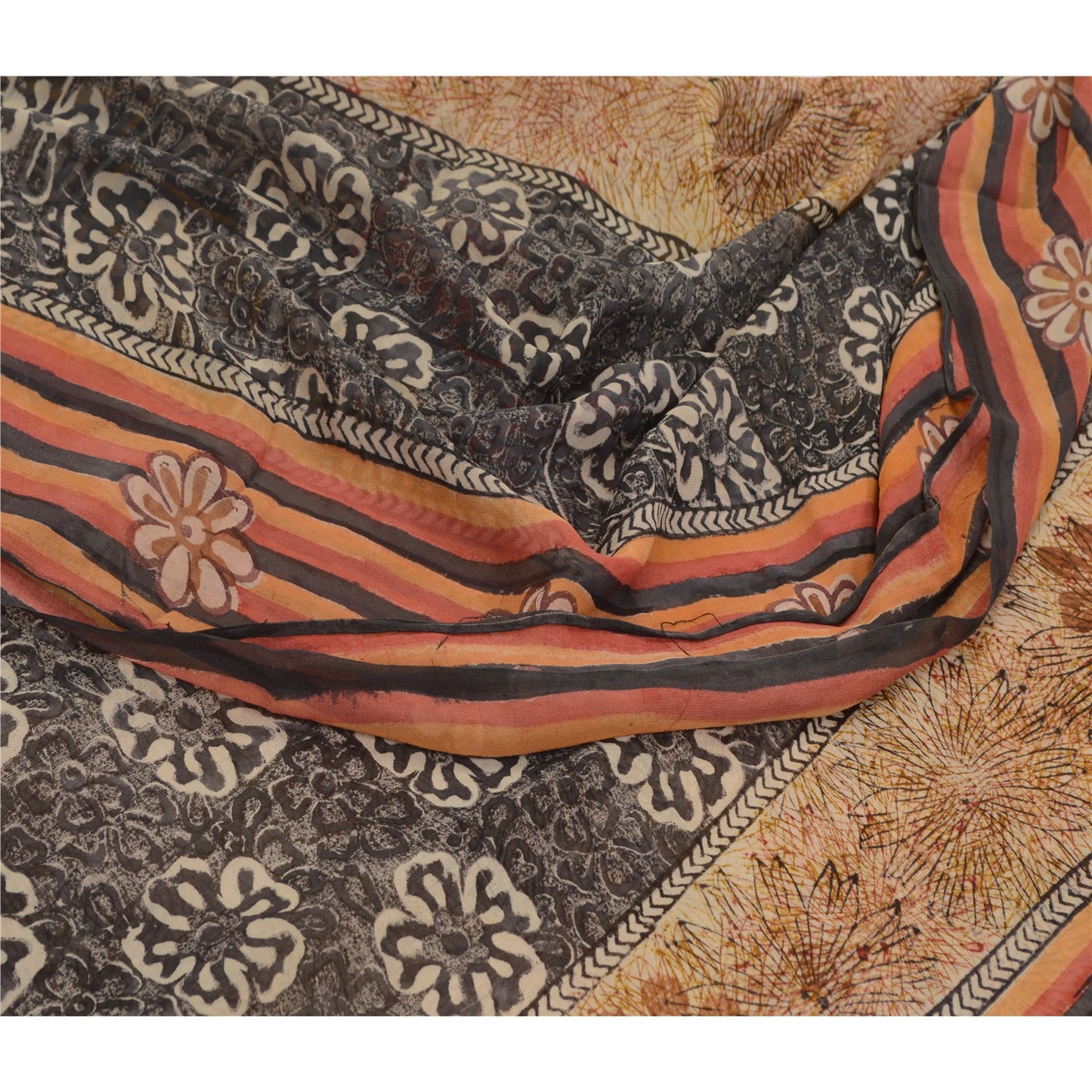 Sanskriti Vintage Sarees Brown Pure Georgette Silk Printed Sari 5yd Craft Sustainable Fabric