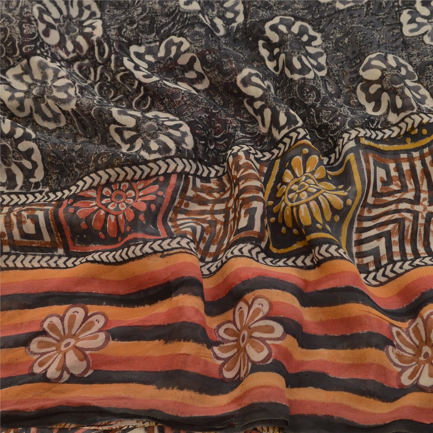 Sanskriti Vintage Sarees Brown Pure Georgette Silk Printed Sari 5yd Craft Sustainable Fabric