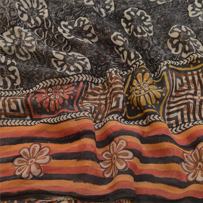 Sanskriti Vintage Sarees Brown Pure Georgette Silk Printed Sari 5yd Craft Sustainable Fabric