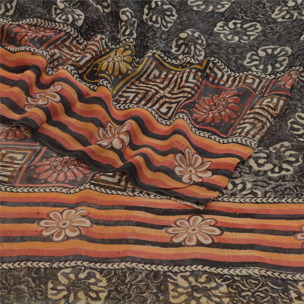 Sanskriti Vintage Sarees Brown Pure Georgette Silk Printed Sari 5yd Craft Sustainable Fabric