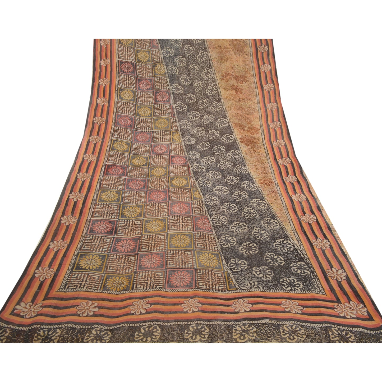 Sanskriti Vintage Sarees Brown Pure Georgette Silk Printed Sari 5yd Craft Sustainable Fabric