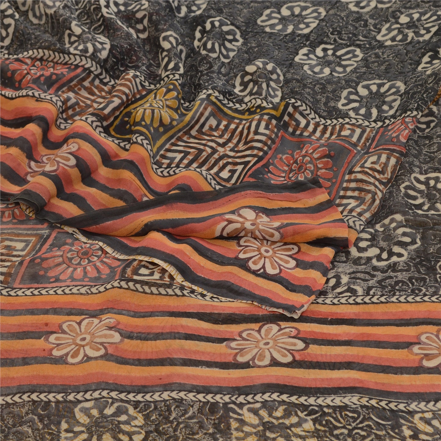 Sanskriti Vintage Sarees Brown Pure Georgette Silk Printed Sari 5yd Craft Sustainable Fabric