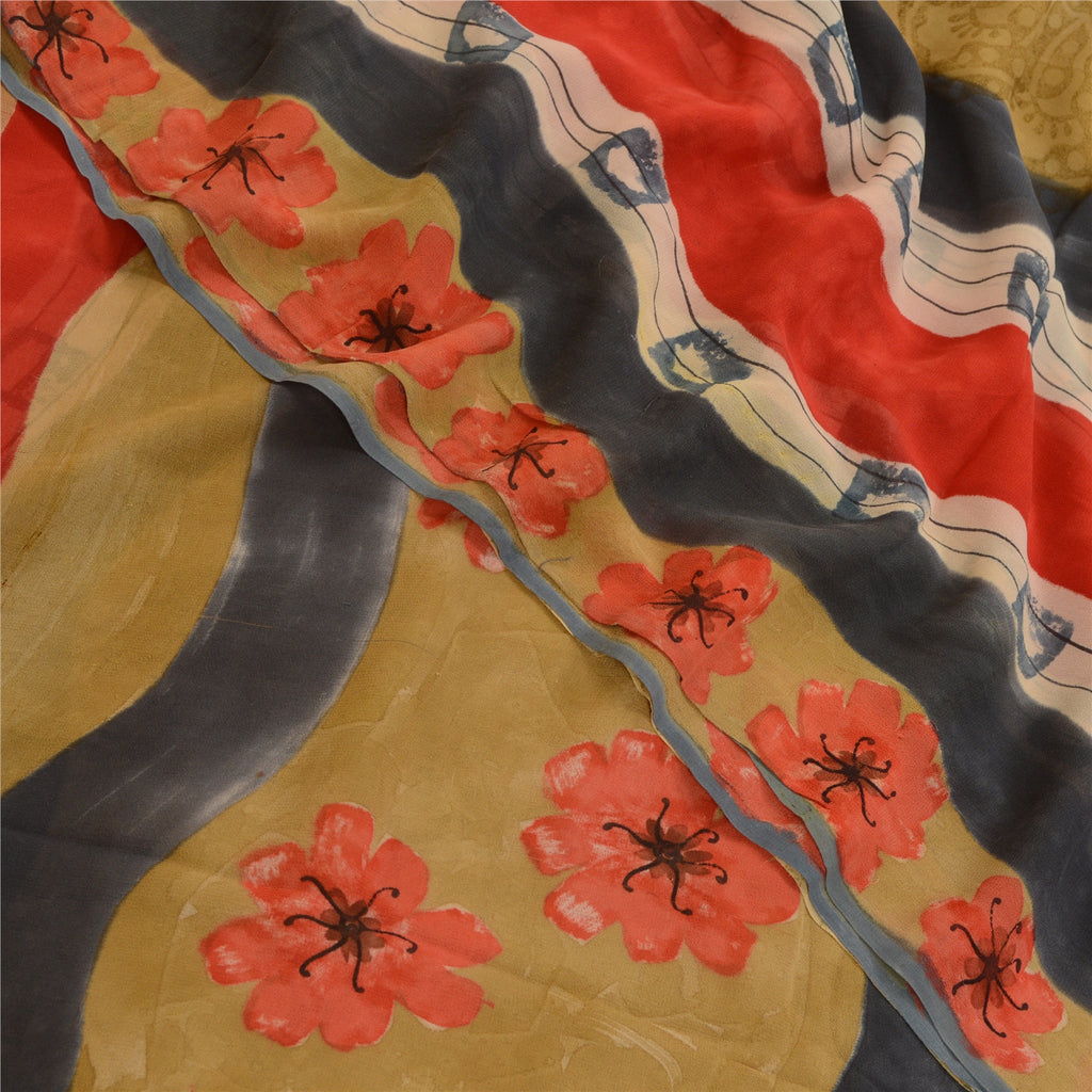 Sanskriti Vintage Sarier Multi Ren Georgette Silke Trykt Sari 5yd Håndværk Bæredygtigt Stoff