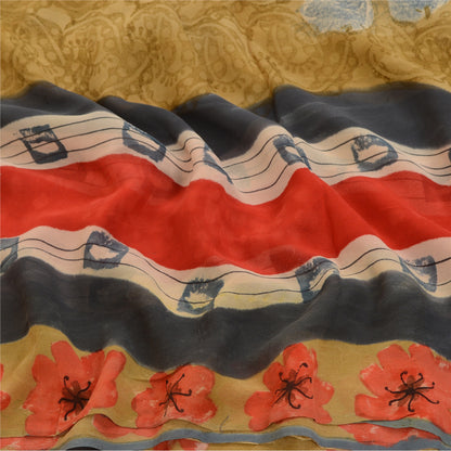 Sanskriti Vintage Sarier Multi Ren Georgette Silke Trykt Sari 5yd Håndværk Bæredygtigt Stoff