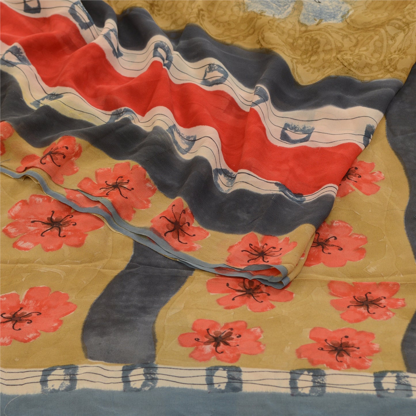 Sanskriti Vintage Sarier Multi Ren Georgette Silke Trykt Sari 5yd Håndværk Bæredygtigt Stoff