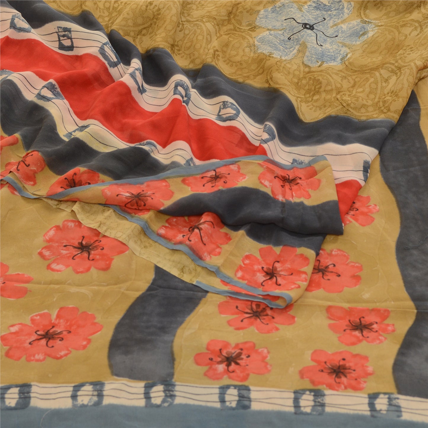 Sanskriti Vintage Sarier Multi Ren Georgette Silke Trykt Sari 5yd Håndværk Bæredygtigt Stoff