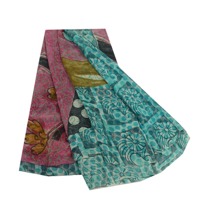 Sanskriti Vintage Sarees Blue Pure Georgette Silk Printed Sari 5yd Craft Sustainable Fabric