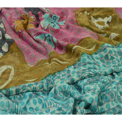 Sanskriti Vintage Sarees Blue Pure Georgette Silk Printed Sari 5yd Craft Sustainable Fabric