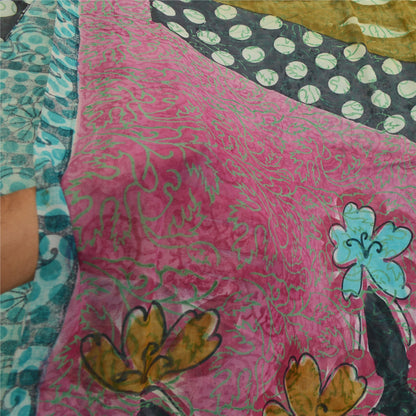 Sanskriti Vintage Sarees Blue Pure Georgette Silk Printed Sari 5yd Craft Sustainable Fabric