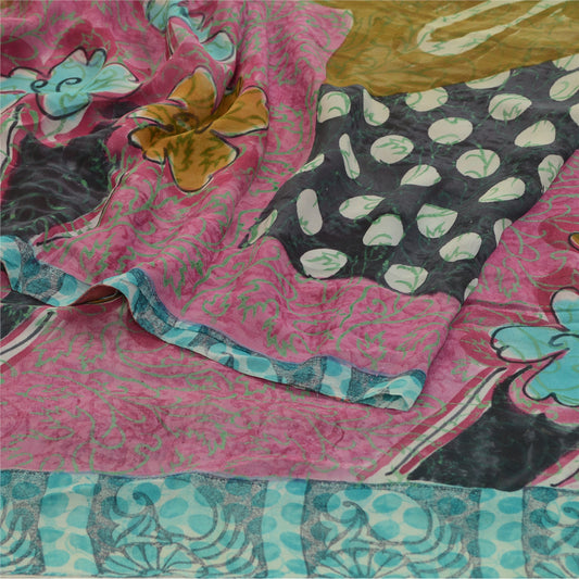 Sanskriti Vintage Sarier Blå Ren Georgette Silke Trykt Sari 5yd Håndværk Bæredygtigt Stoff