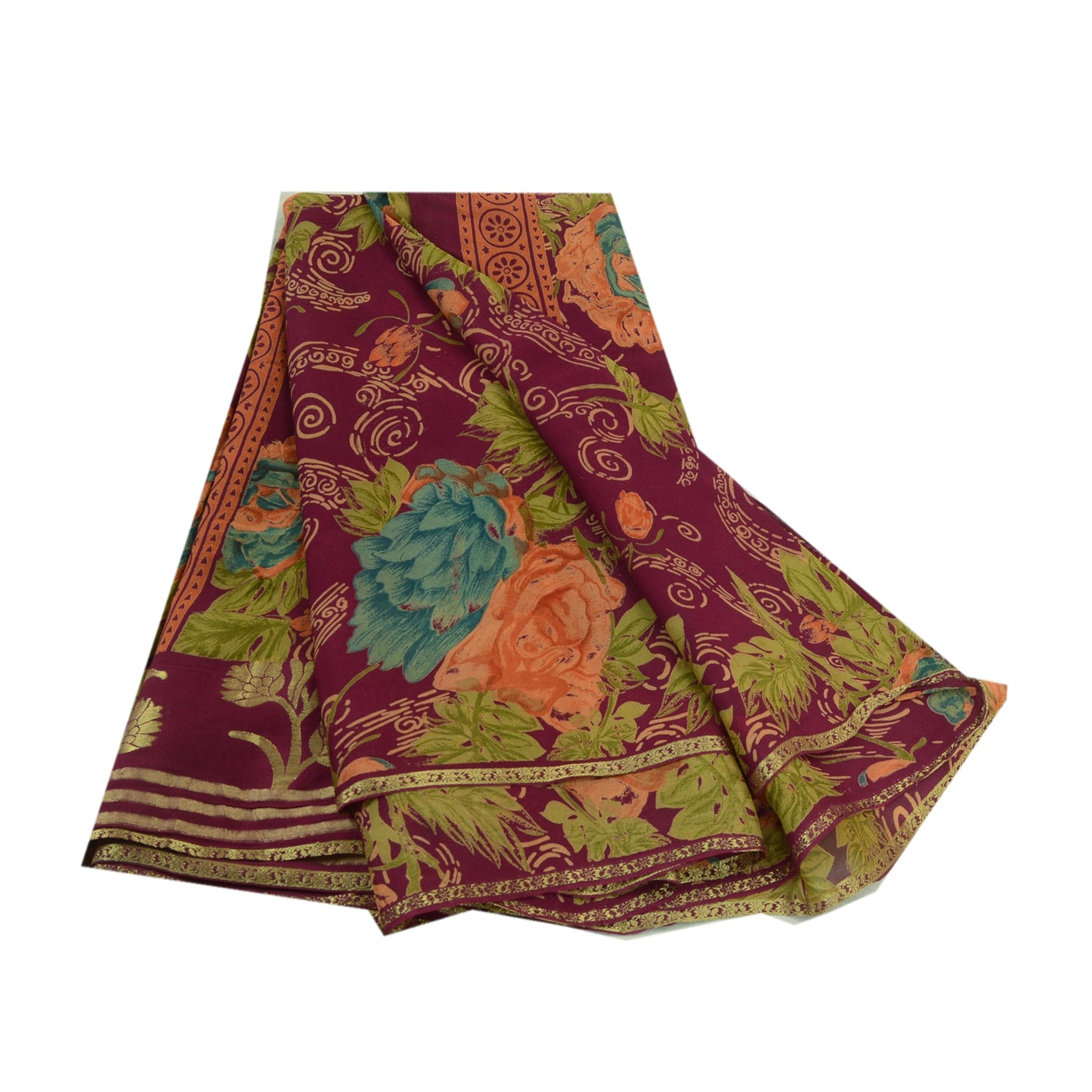 Sanskriti Vintage Sarees Purple Zari Border Blend Georgette Printed Sari Sustainable Fabric