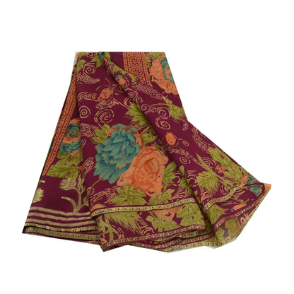 Sanskriti Vintage Sarees Purple Zari Border Blend Georgette Printed Sari Sustainable Fabric