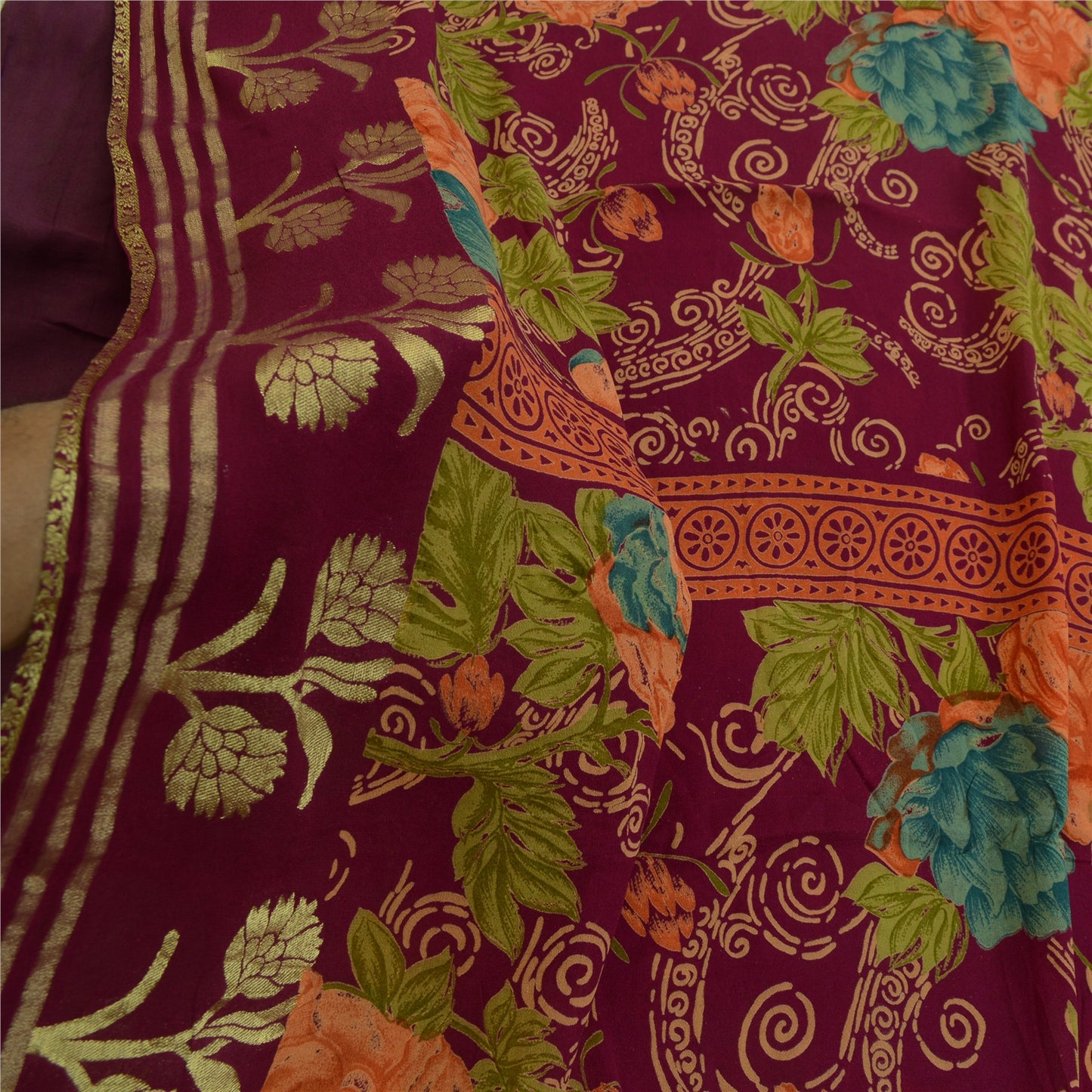 Sanskriti Vintage Sarees Purple Zari Border Blend Georgette Printed Sari Sustainable Fabric