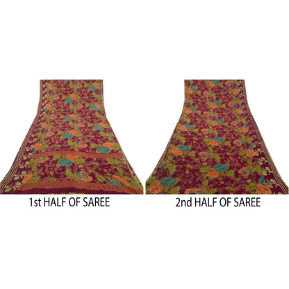 Sanskriti Vintage Sarees Purple Zari Border Blend Georgette Printed Sari Sustainable Fabric