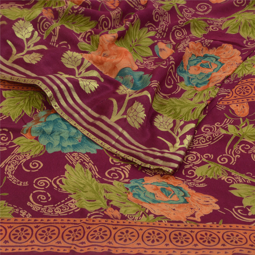 Sanskriti Vintage Sarees Purple Zari Border Blend Georgette Printed Sari Sustainable Fabric