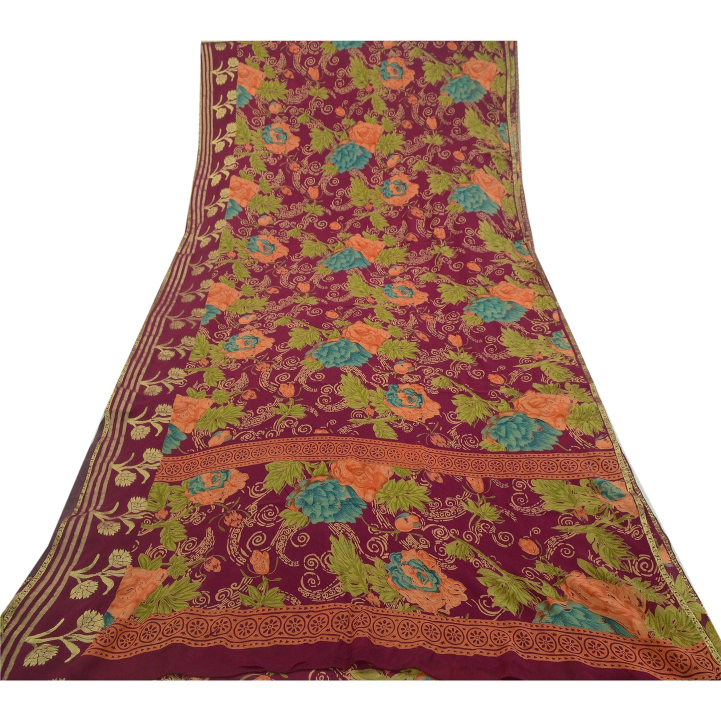 Sanskriti Vintage Sarees Purple Zari Border Blend Georgette Printed Sari Sustainable Fabric