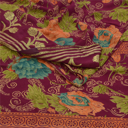 Sanskriti Vintage Sarees Purple Zari Border Blend Georgette Printed Sari Sustainable Fabric