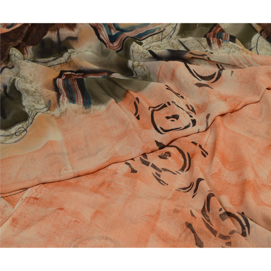 Sanskriti Vintage Sarier Ferskenfarvet Ren Georgette Silke Trykt Sari 5yd Håndværk Bæredygtigt Stoff