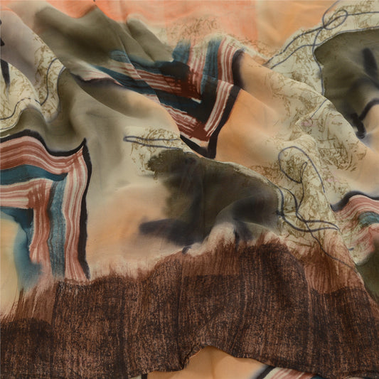 Sanskriti Vintage Sarier Ferskenfarvet Ren Georgette Silke Trykt Sari 5yd Håndværk Bæredygtigt Stoff