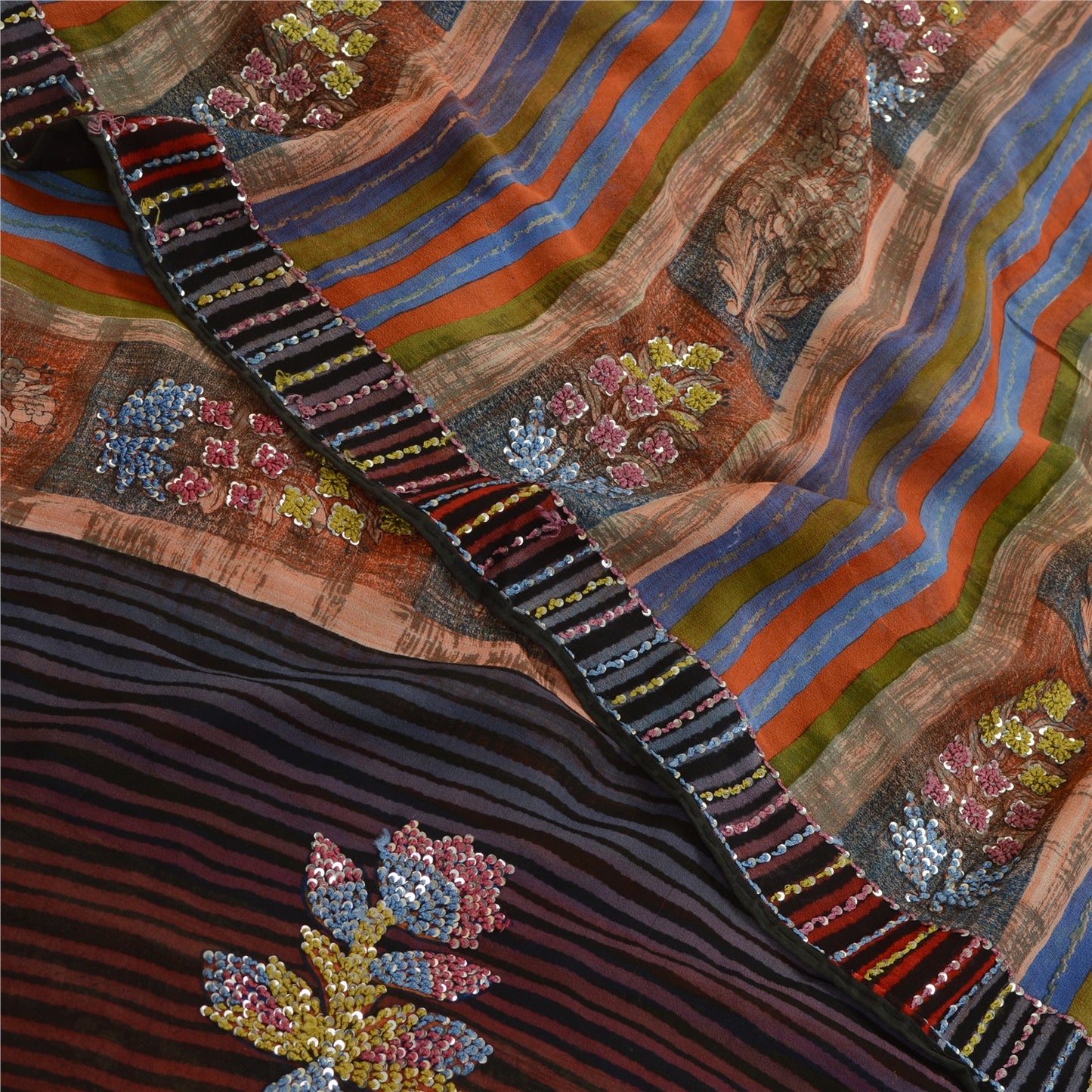 Санскритские винтажные сари, расшитые вручную бисером, чистый шелк-жоржет, сари, ремесло, устойчивая ткань