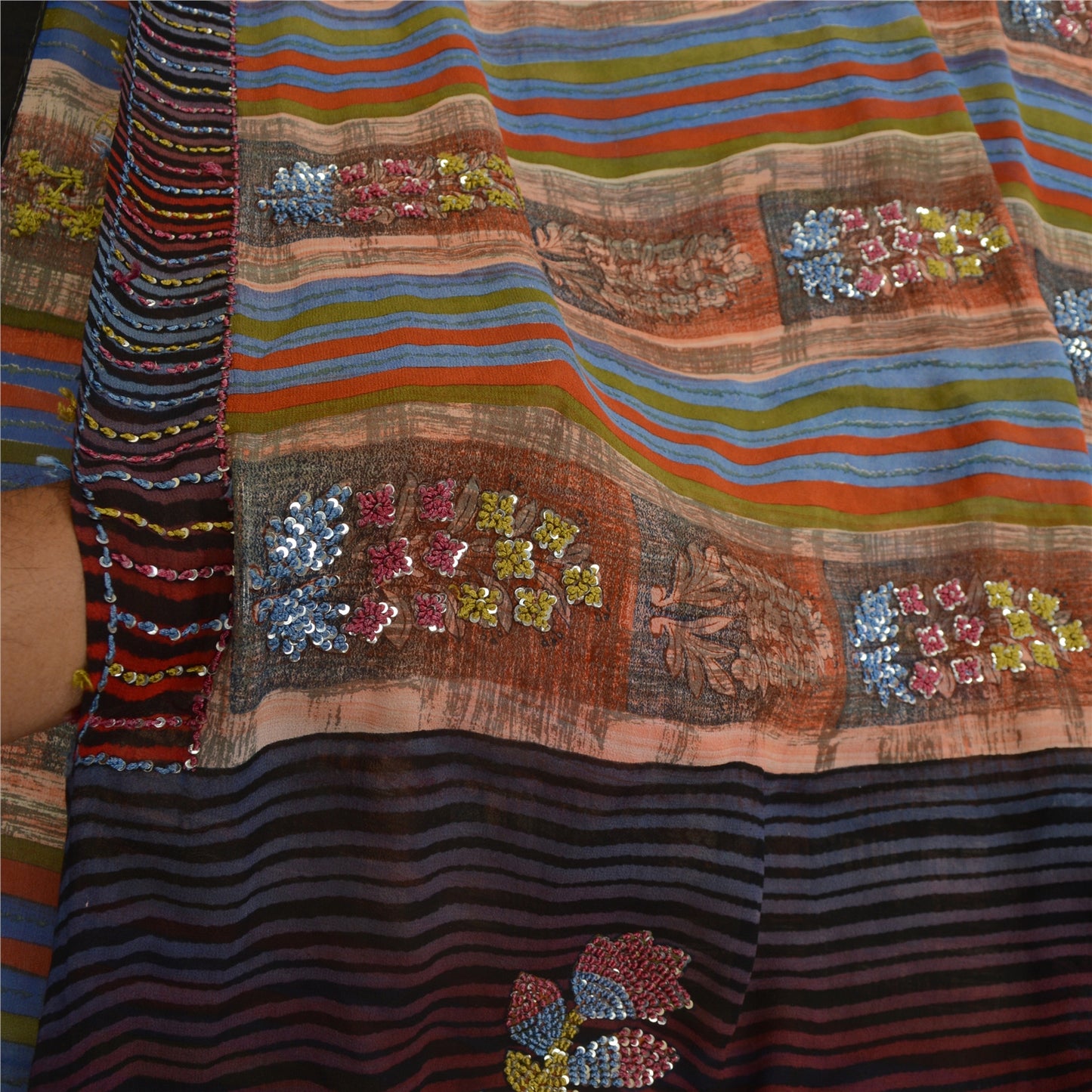 Санскритские винтажные сари, расшитые вручную бисером, чистый шелк-жоржет, сари, ремесло, устойчивая ткань