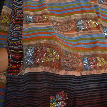 Санскритские винтажные сари, расшитые вручную бисером, чистый шелк-жоржет, сари, ремесло, устойчивая ткань