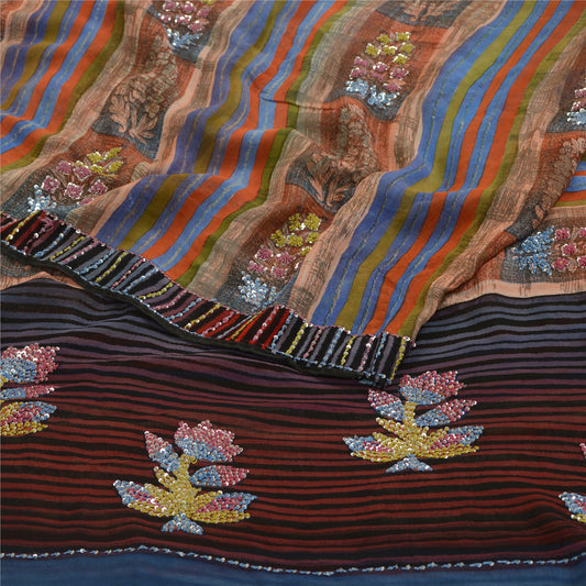 Sanskriti Vintage Sarees Håndperlede Ren Georgette Silke Print Sari Håndlavet Bæredygtigt Stoff