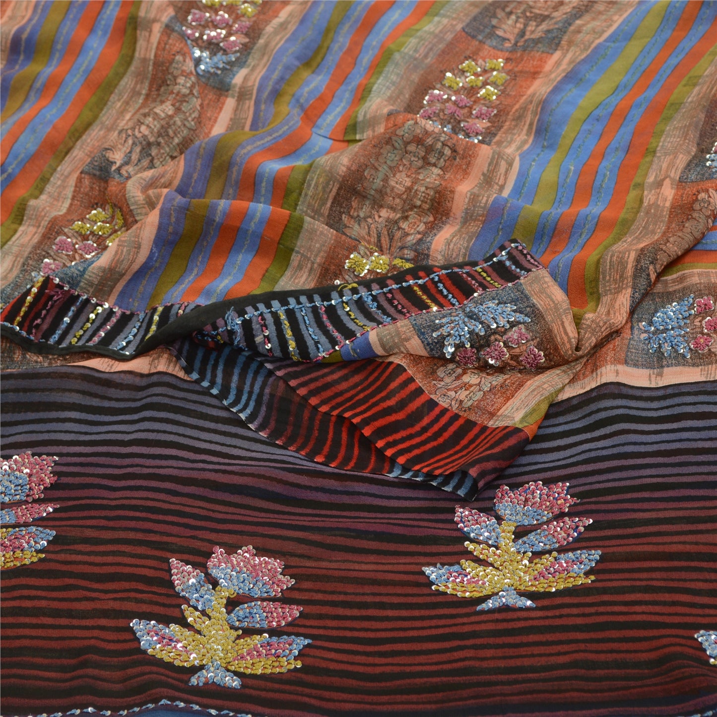 Санскритские винтажные сари, расшитые вручную бисером, чистый шелк-жоржет, сари, ремесло, устойчивая ткань