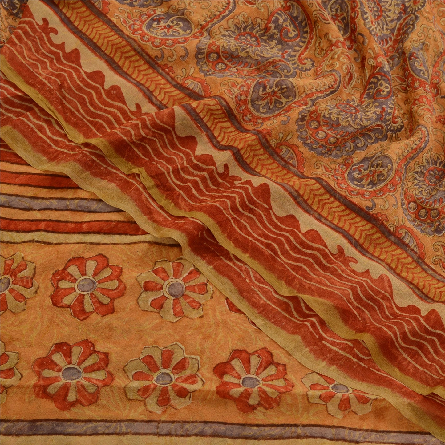 Санскритские винтажные сари из чистого шафранового шелка-жоржета с принтом для сари из экологически чистой ткани