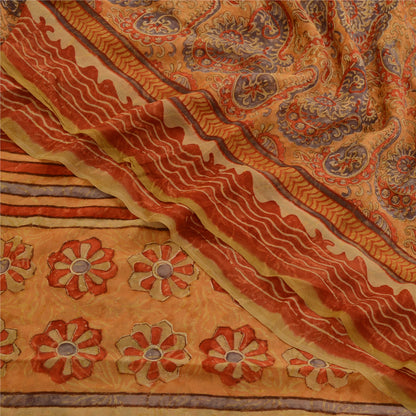 Санскритские винтажные сари из чистого шафранового шелка-жоржета с принтом для сари из экологически чистой ткани