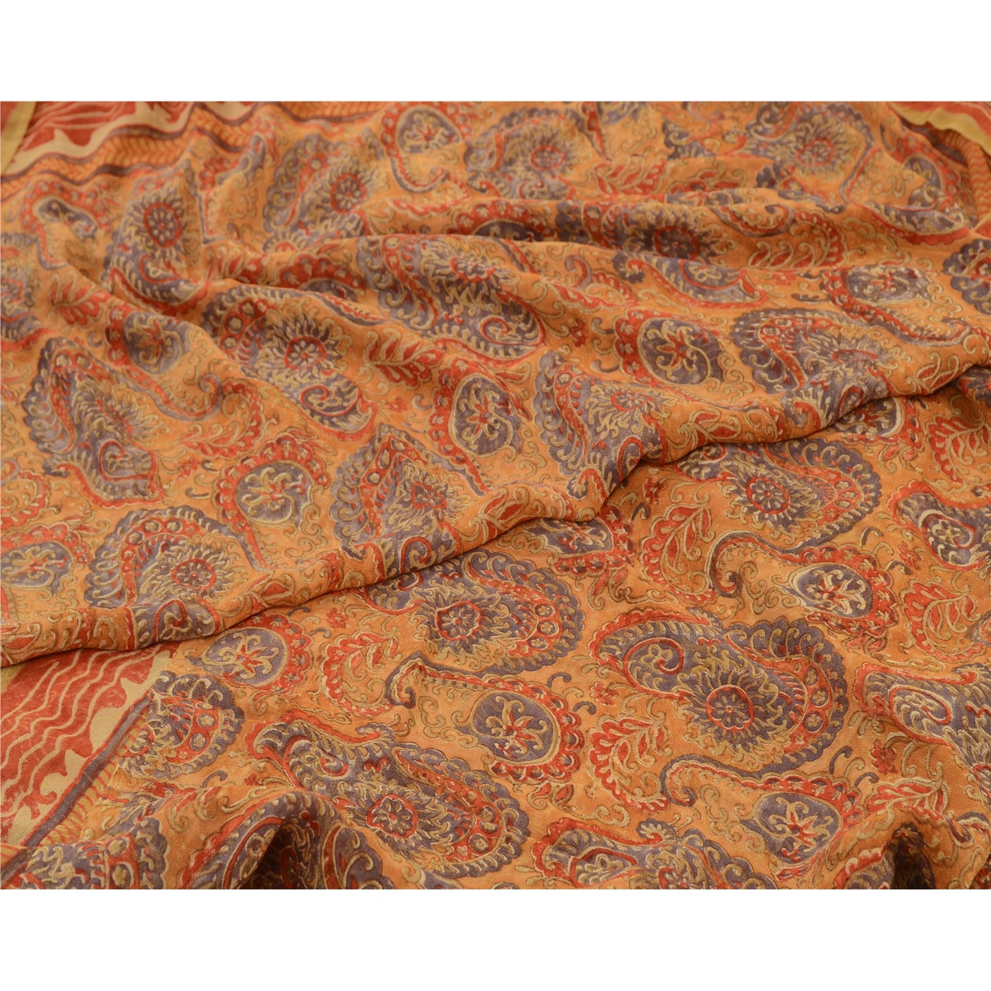 Санскритские винтажные сари из чистого шафранового шелка-жоржета с принтом для сари из экологически чистой ткани