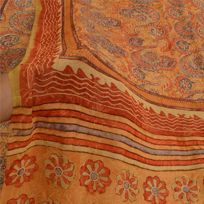 Санскритские винтажные сари из чистого шафранового шелка-жоржета с принтом для сари из экологически чистой ткани