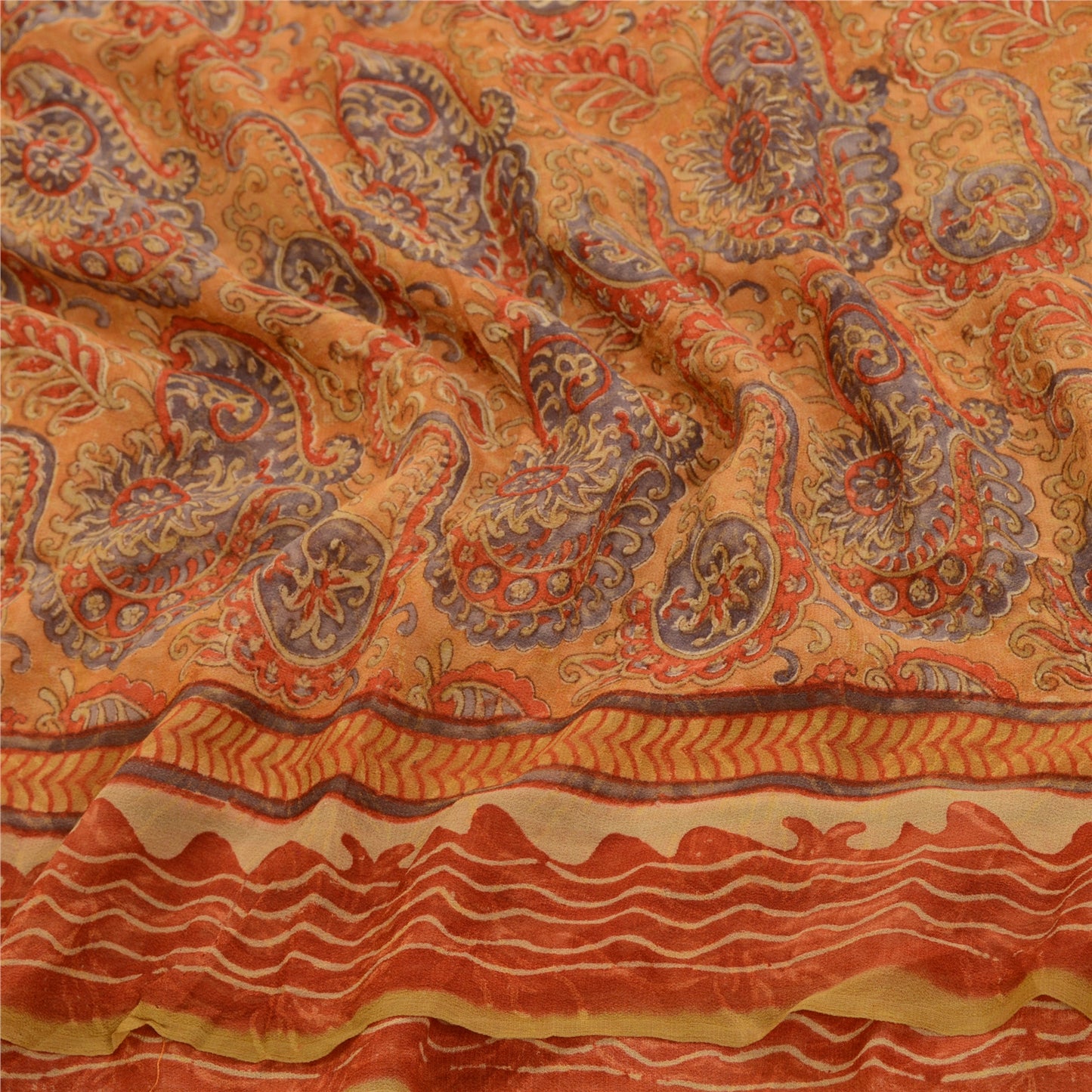 Санскритские винтажные сари из чистого шафранового шелка-жоржета с принтом для сари из экологически чистой ткани