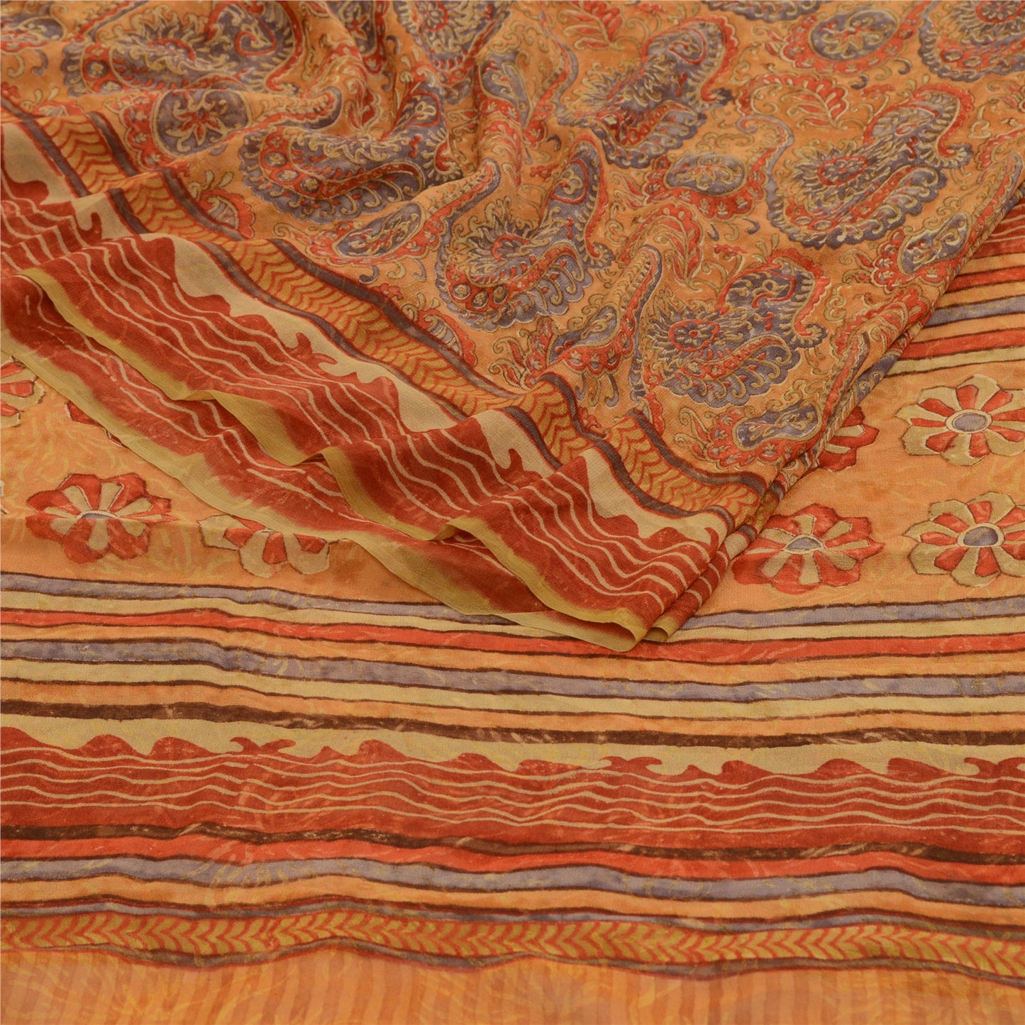 Санскритские винтажные сари из чистого шафранового шелка-жоржета с принтом для сари из экологически чистой ткани