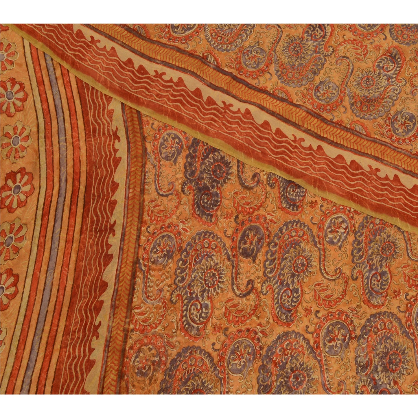 Санскритские винтажные сари из чистого шафранового шелка-жоржета с принтом для сари из экологически чистой ткани