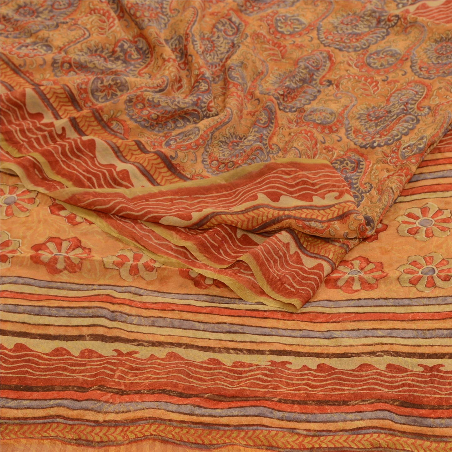 Санскритские винтажные сари из чистого шафранового шелка-жоржета с принтом для сари из экологически чистой ткани