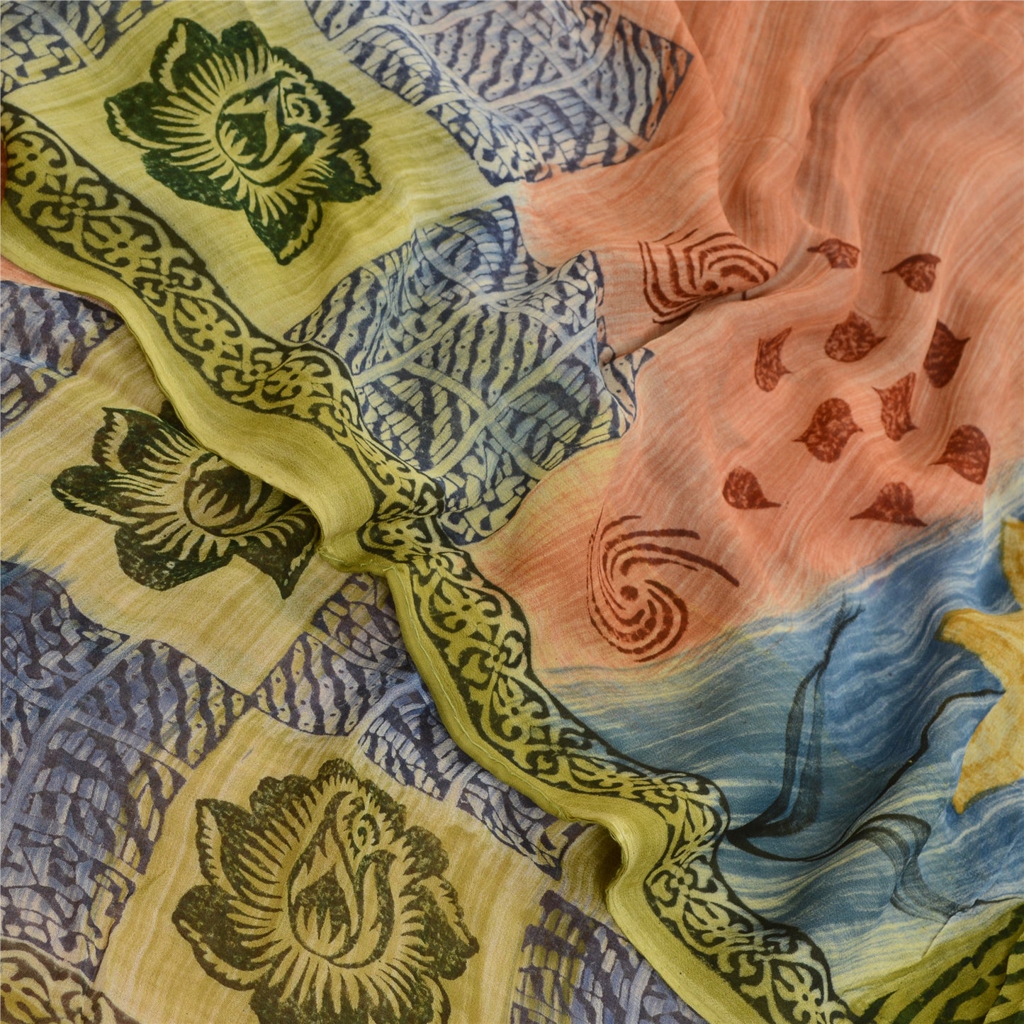 Sanskriti Vintage Sarees Peach Pure Georgette Silk Printed Sari 5yd Craft Sustainable Fabric