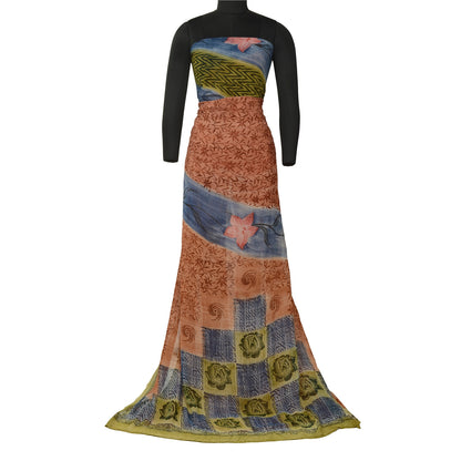 Sanskriti Vintage Sarees Peach Pure Georgette Silk Printed Sari 5yd Craft Sustainable Fabric