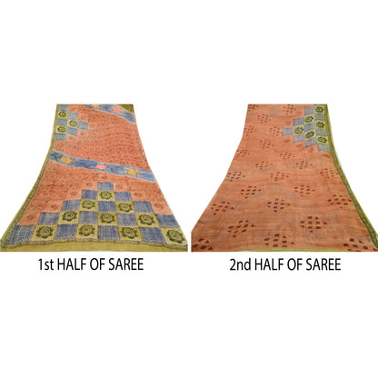 Sanskriti Vintage Sarees Peach Pure Georgette Silk Printed Sari 5yd Craft Sustainable Fabric